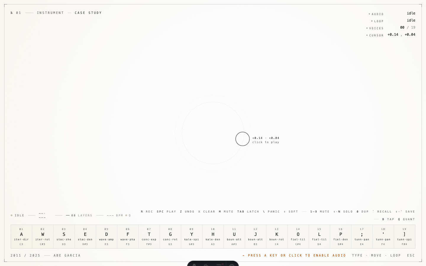 The instrument in its idle state. Cream paper background, hairline frame, corner registration marks, telemetry rows in the upper right, and a row of nineteen voice keys along the bottom. A soft camera-lens cursor breathes at the center of the page.