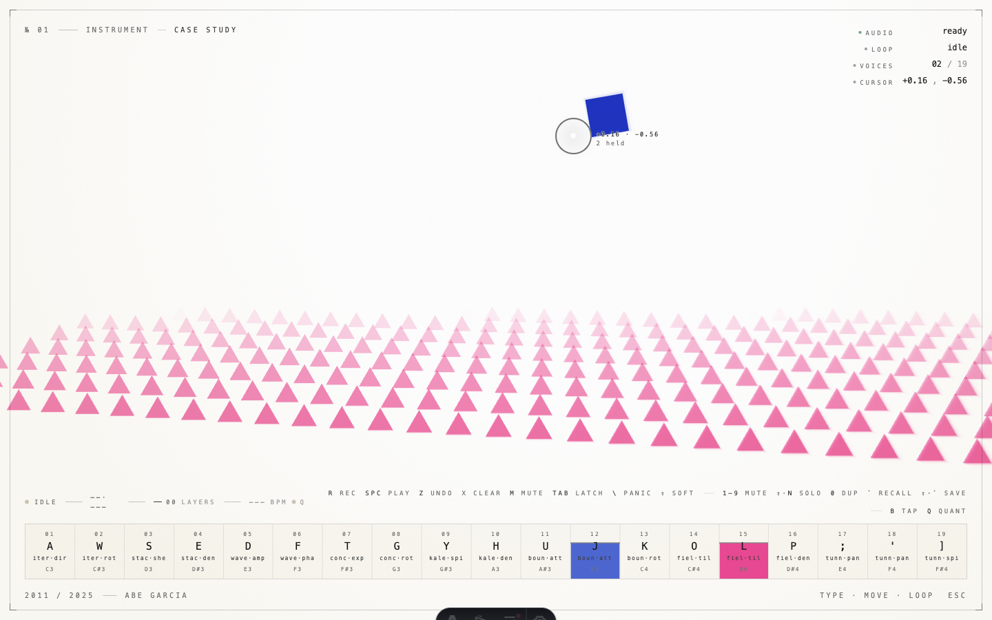 The instrument with two voices held: a small blue square hovering near the cursor and a dense field of magenta triangles tiling the lower half of the page like a halftone.